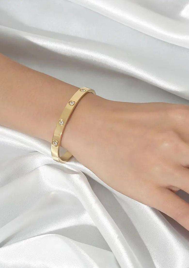 Rose Gold-Plated Set of 2 Gold-Plated American Diamond Studded Kada Bracelet for Women | Stylish Party & Everyday Wear | Gift for Her - Indya