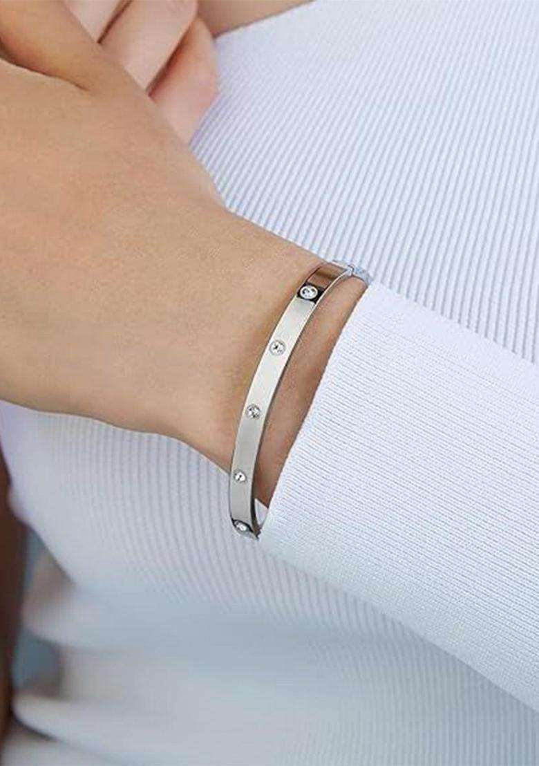 2 American Diamond Temple Silver-Plated Bangle-Style Bracelet for Women | Stylish Party & Everyday Wear | Gift for Her - Indya