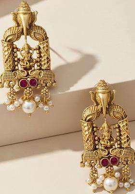 Gold-Plated Artificial Beads Lakshmi & Ganesha Big Stud Earrings for Women | Traditional Temple Jewellery for Wedding & Festive Wear | Gift for Her
