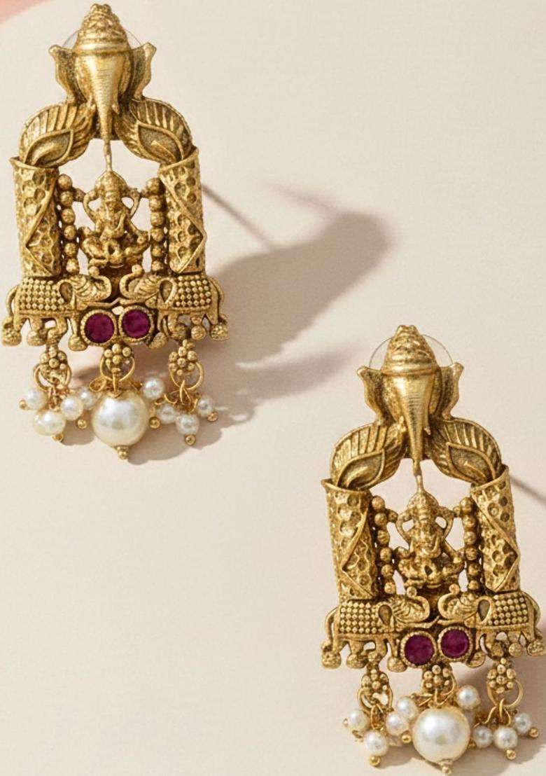 Gold-Plated Artificial Beads Lakshmi & Ganesha Big Stud Earrings for Women | Traditional Temple Jewellery for Wedding & Festive Wear | Gift for Her - Indya
