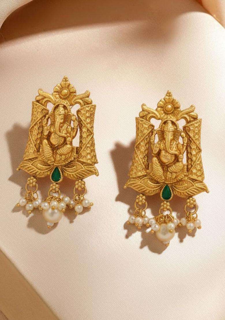 Gold-Plated Rajwadi Kempu Lord Ganesha Earrings for Women | Traditional Temple Jewellery for Wedding & Festive Wear | Gift for Her - Indya