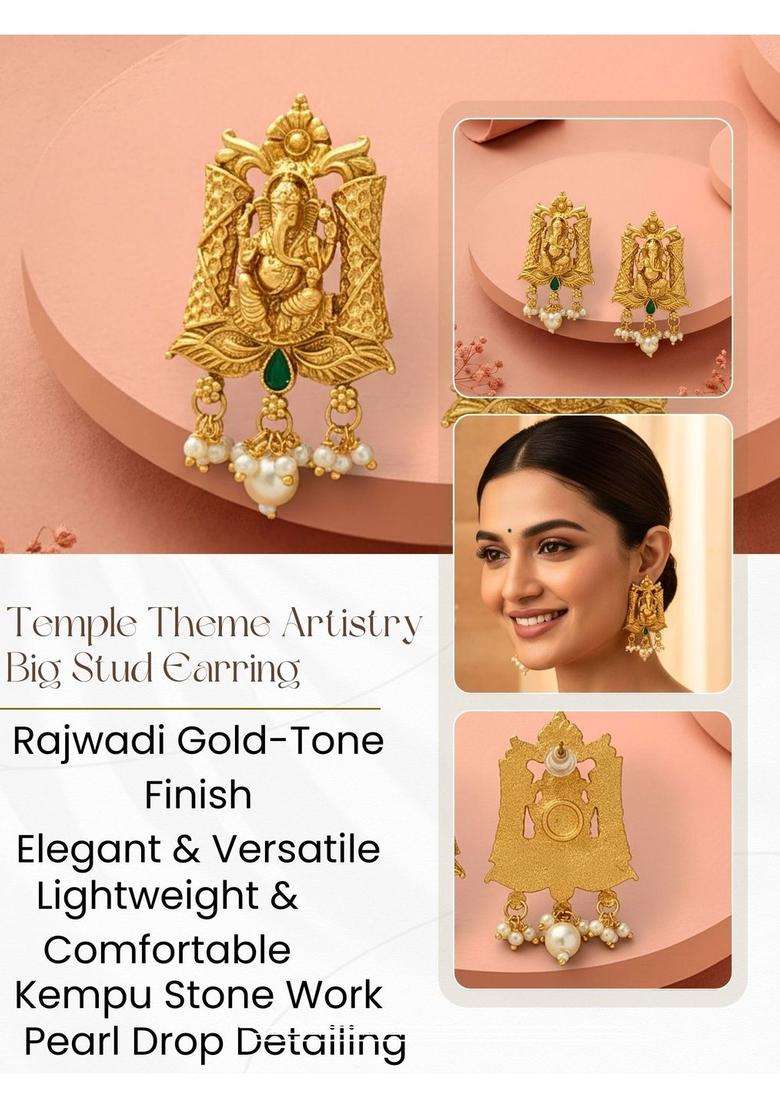 Gold-Plated Rajwadi Kempu Lord Ganesha Earrings for Women | Traditional Temple Jewellery for Wedding & Festive Wear | Gift for Her - Indya