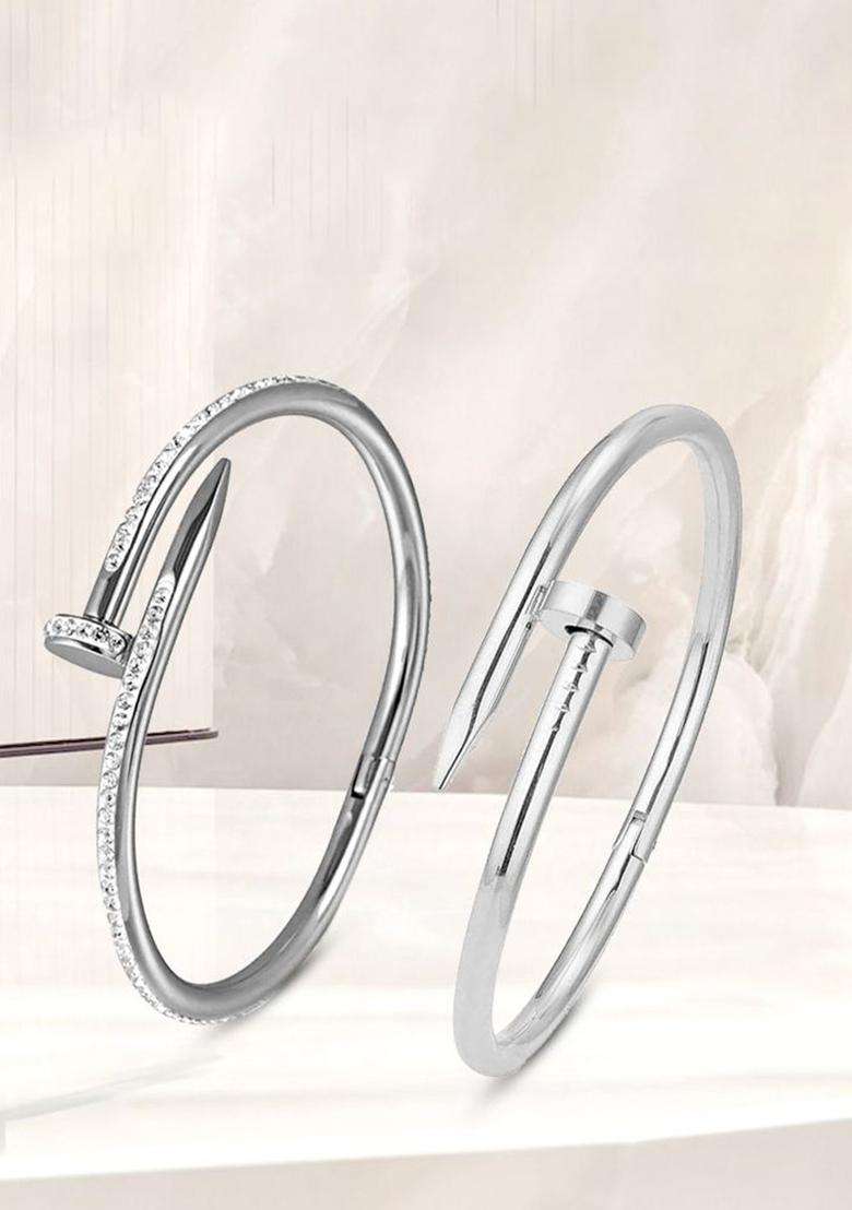 Set of 2 Silver-Plated American Diamond Studded Bangle-Style Bracelet for Women | Stylish Party & Everyday Wear | Gift for Her - Indya