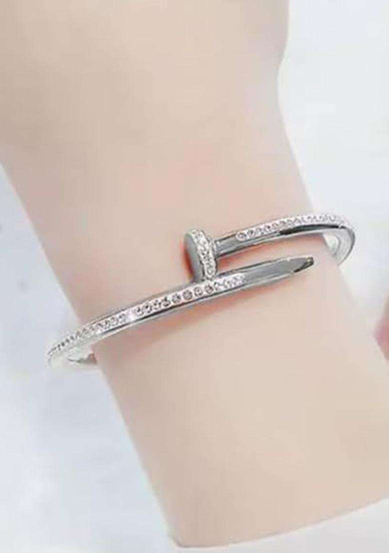 Set of 2 Silver-Plated American Diamond Studded Bangle-Style Bracelet for Women | Stylish Party & Everyday Wear | Gift for Her - Indya