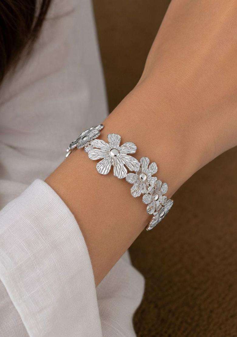 Temple Silver-Plated Cuff Bracelet for Women | Stylish Party & Everyday Wear | Gift for Her - Indya