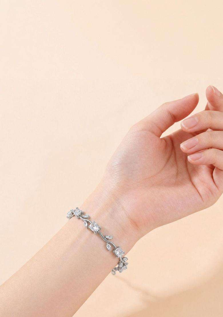 Stainless Steel Silver-Plated American Diamond Studded Link Bracelet for Women | Stylish Party & Everyday Wear | Gift for Her - Indya