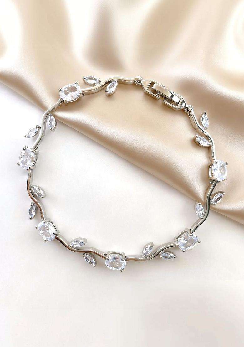 Stainless Steel Silver-Plated American Diamond Studded Link Bracelet for Women | Stylish Party & Everyday Wear | Gift for Her - Indya