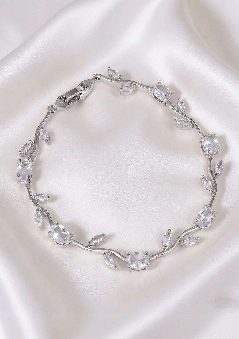 Stainless Steel Silver-Plated American Diamond Studded Link Bracelet for Women | Stylish Party & Everyday Wear | Gift for Her - Indya