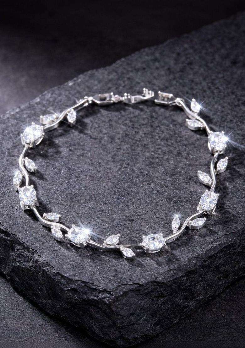 Stainless Steel Silver-Plated American Diamond Studded Link Bracelet for Women | Stylish Party & Everyday Wear | Gift for Her - Indya