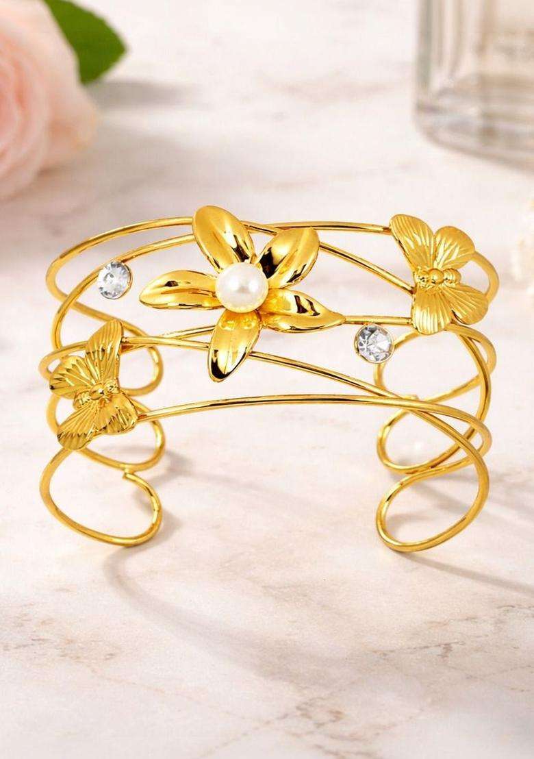 American Diamond Temple Gold-Plated Cuff Bracelet for Women | Stylish Party & Everyday Wear | Gift for Her - Indya