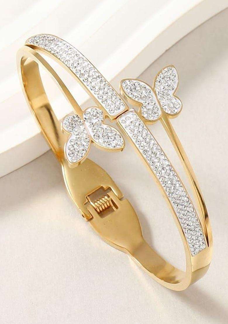 Stainless Steel Gold-Plated American Diamond Studded Bangle-Style Bracelet for Women | Stylish Party & Everyday Wear | Gift for Her - Indya