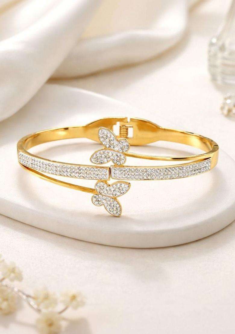 Stainless Steel Gold-Plated American Diamond Studded Bangle-Style Bracelet for Women | Stylish Party & Everyday Wear | Gift for Her - Indya