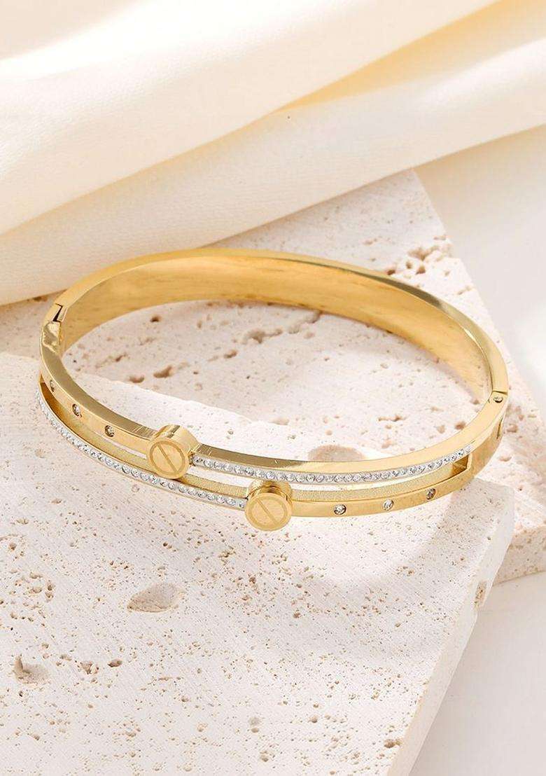American Diamond Temple Gold-Plated Cuff Bracelet for Women | Stylish Party & Everyday Wear | Gift for Her - Indya