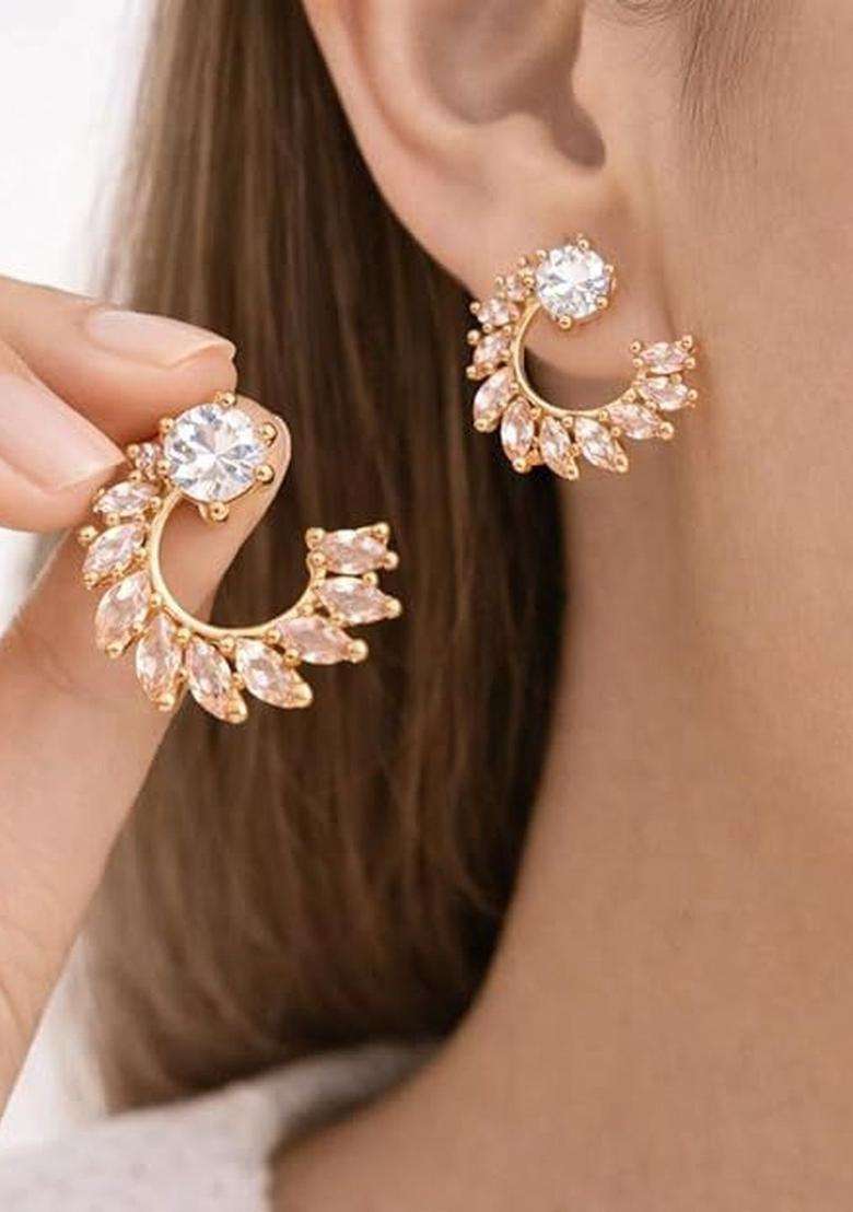 Gold-Plated Contemporary Studs Earrings with American Diamond for Women | Stylish Party & Everyday Wear | Gift for Her - Indya