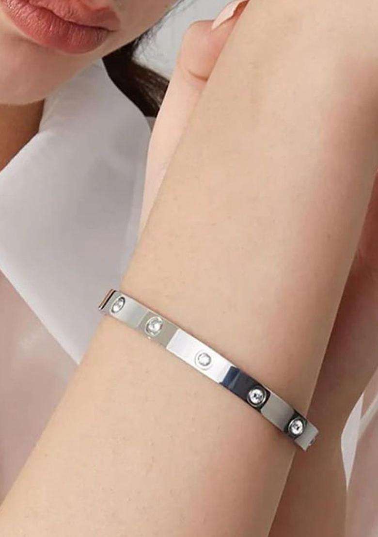2 American Diamond Temple Silver-Plated Bangle-Style Bracelet for Women | Stylish Party & Everyday Wear | Gift for Her - Indya