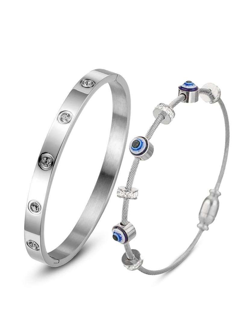 2 American Diamond Temple Silver-Plated Bangle-Style Bracelet for Women | Stylish Party & Everyday Wear | Gift for Her - Indya