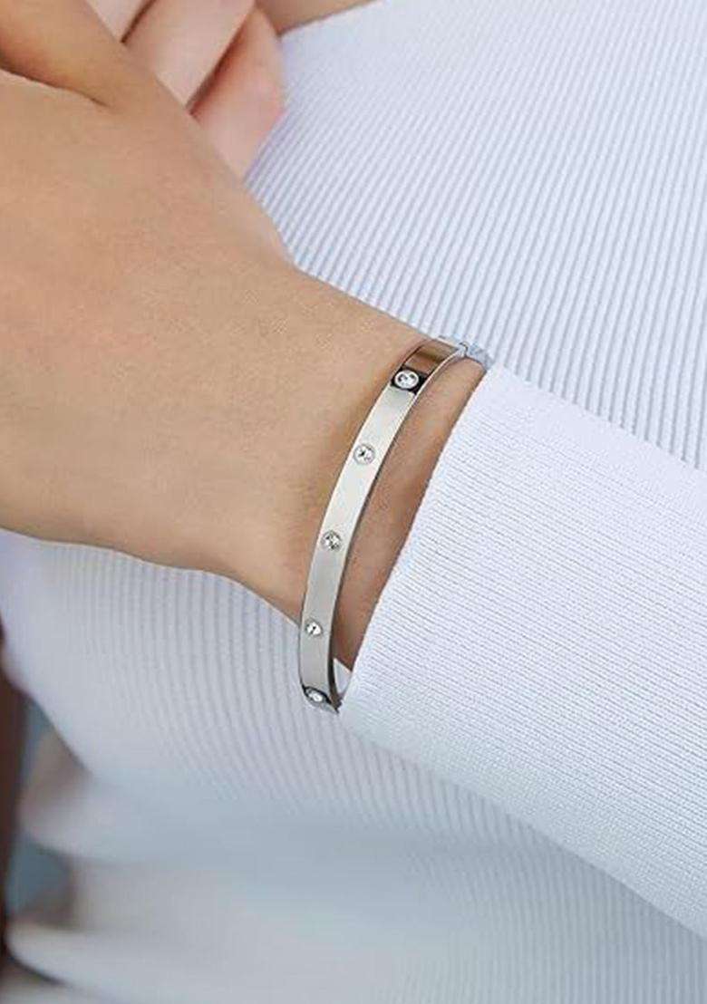 2 American Diamond Temple Silver-Plated Bangle-Style Bracelet for Women | Stylish Party & Everyday Wear | Gift for Her - Indya