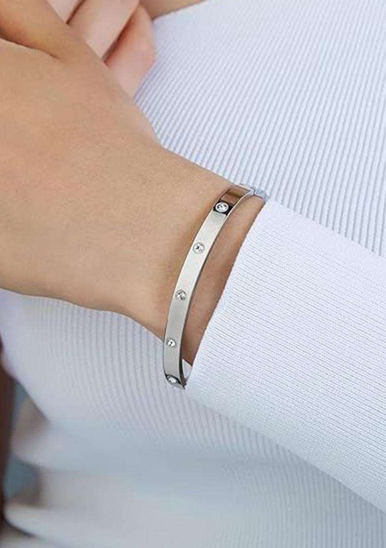 2 American Diamond Temple Silver-Plated Bangle-Style Bracelet for Women | Stylish Party & Everyday Wear | Gift for Her - Indya