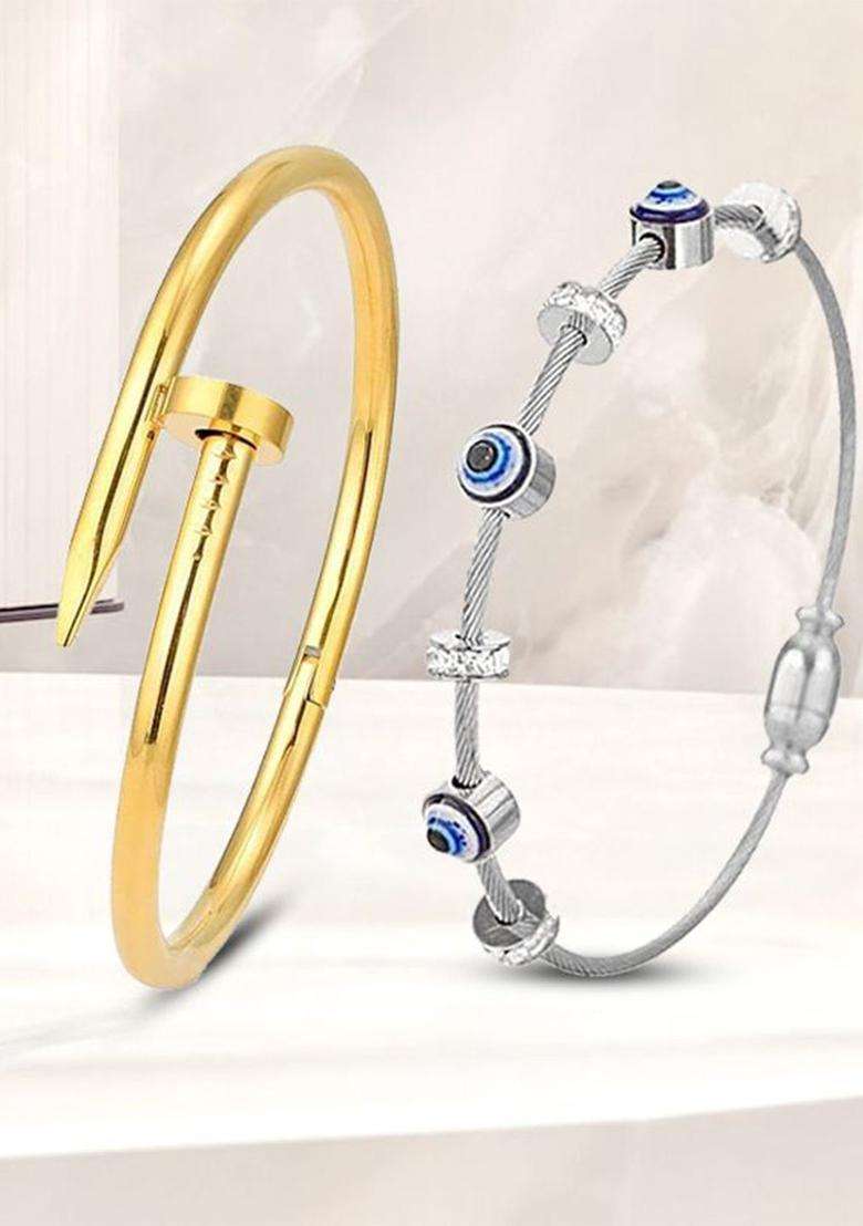 Set of 2 Gold-Plated American Diamond Studded Anti-Tarnish Kada Bracelet for Women | Stylish Party & Everyday Wear | Gift for Her - Indya