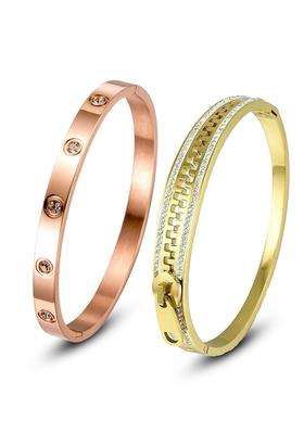 Rose Gold-Plated Stainless Steel Set of 2 AD Studded Anti Tarnish Bangle-Style Bracelet for Women | Stylish Party & Everyday Wear | Gift for Her