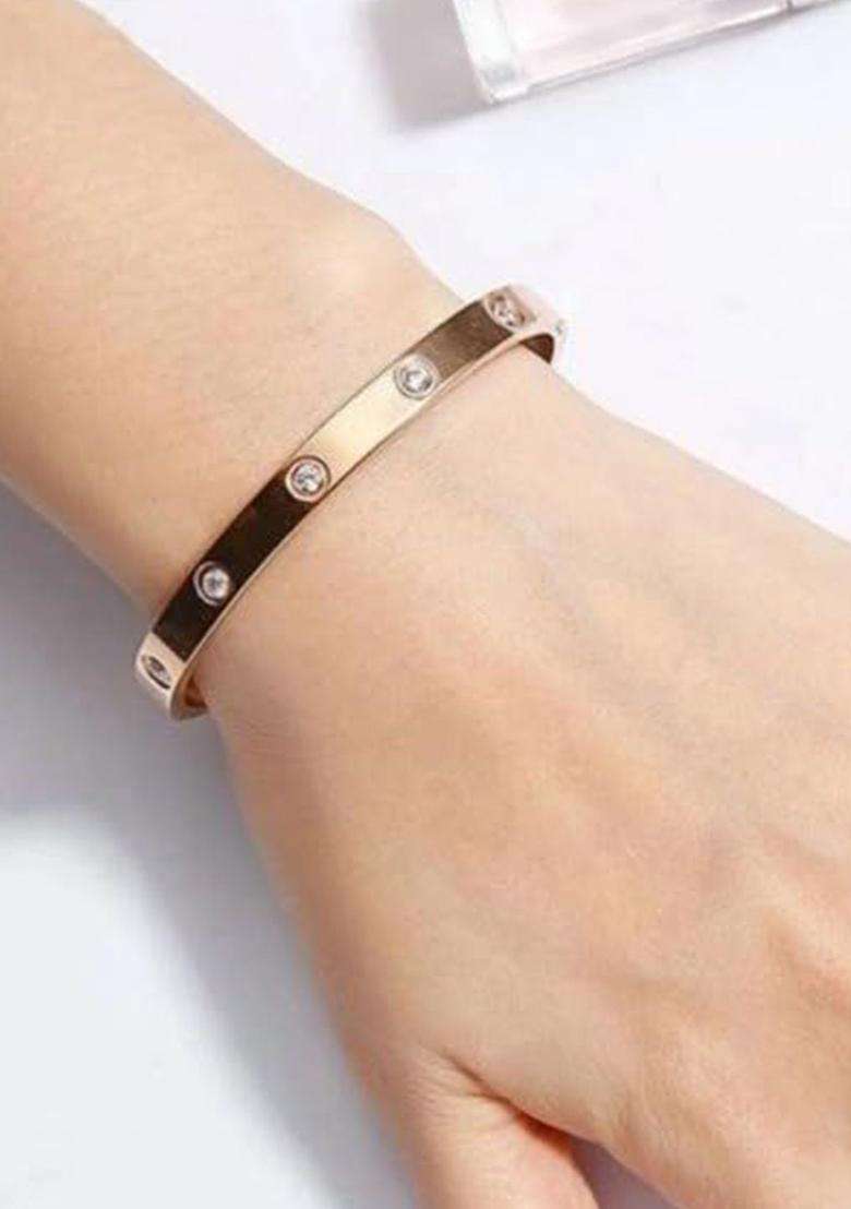 Rose Gold-Plated Stainless Steel Set of 2 AD Studded Anti Tarnish Bangle-Style Bracelet for Women | Stylish Party & Everyday Wear | Gift for Her - Indya
