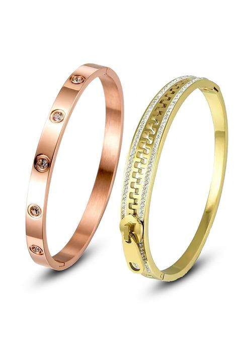 Rose Gold-Plated Stainless Steel Set of 2 AD Studded Anti Tarnish Bangle-Style Bracelet for Women | Stylish Party & Everyday Wear | Gift for Her