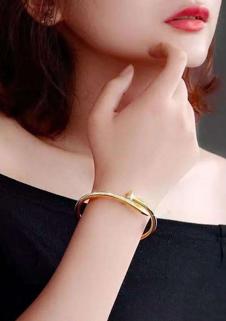 Set of 2 Rose Gold-Plated American Diamond Studded Kada Bracelet for Women | Stylish Party & Everyday Wear | Gift for Her - Indya