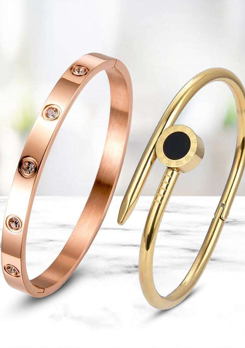 Rose Gold-Plated Set of 2 American Diamond Bangle-Style Bracelet for Women | Stylish Party & Everyday Wear | Gift for Her - Indya