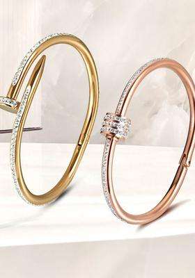 Set of 2 Rose Gold-Plated American Diamond Studded Bangle-Style Bracelet for Women | Stylish Party & Everyday Wear | Gift for Her