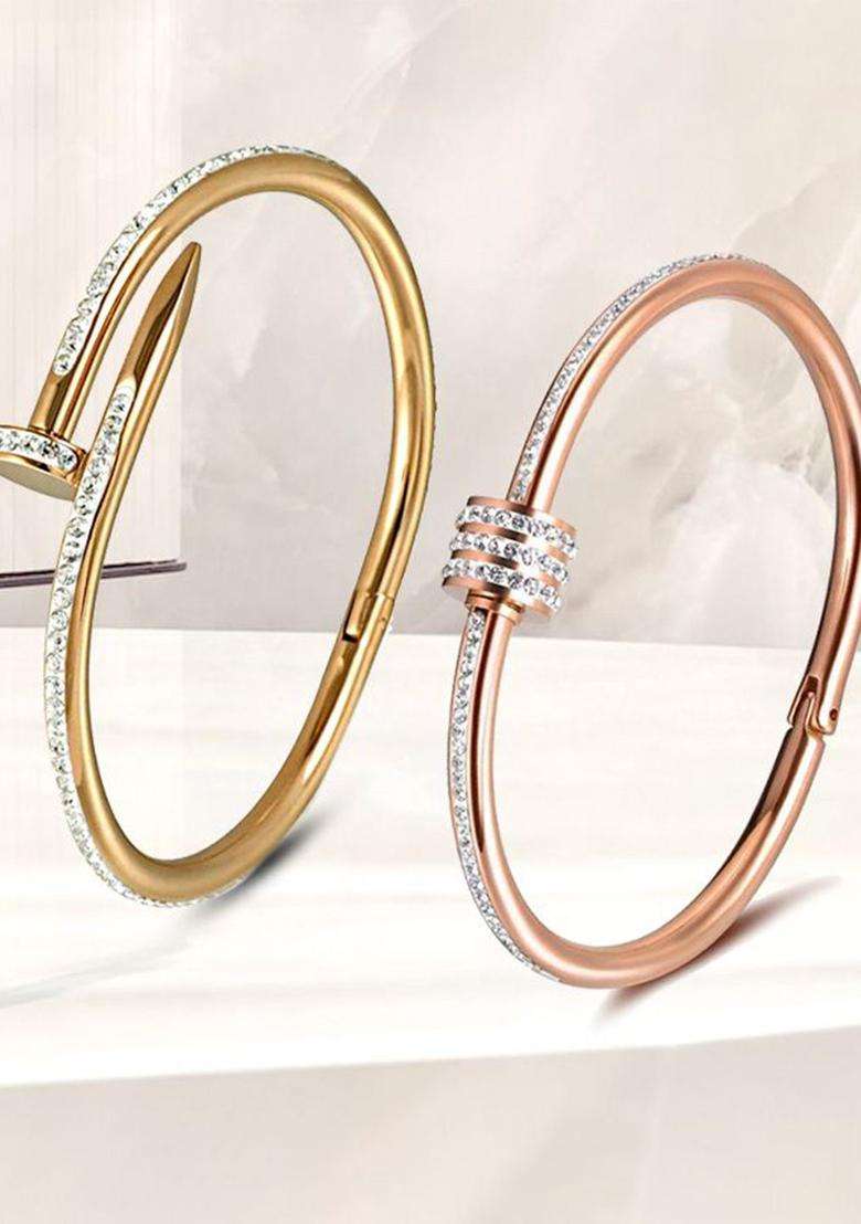 Set of 2 Rose Gold-Plated American Diamond Studded Bangle-Style Bracelet for Women | Stylish Party & Everyday Wear | Gift for Her - Indya