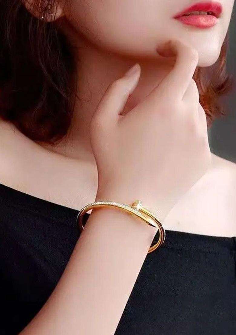 Set of 2 Rose Gold-Plated American Diamond Studded Bangle-Style Bracelet for Women | Stylish Party & Everyday Wear | Gift for Her - Indya