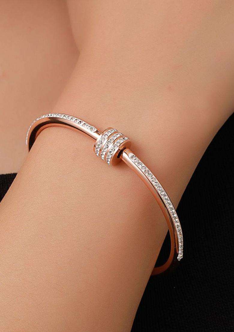 Set of 2 Rose Gold-Plated American Diamond Studded Bangle-Style Bracelet for Women | Stylish Party & Everyday Wear | Gift for Her - Indya