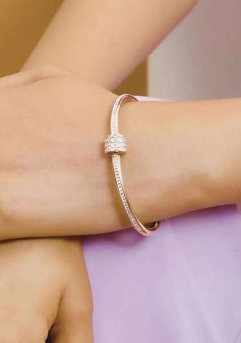 Set of 2 Rose Gold-Plated American Diamond Studded Bangle-Style Bracelet for Women | Stylish Party & Everyday Wear | Gift for Her - Indya