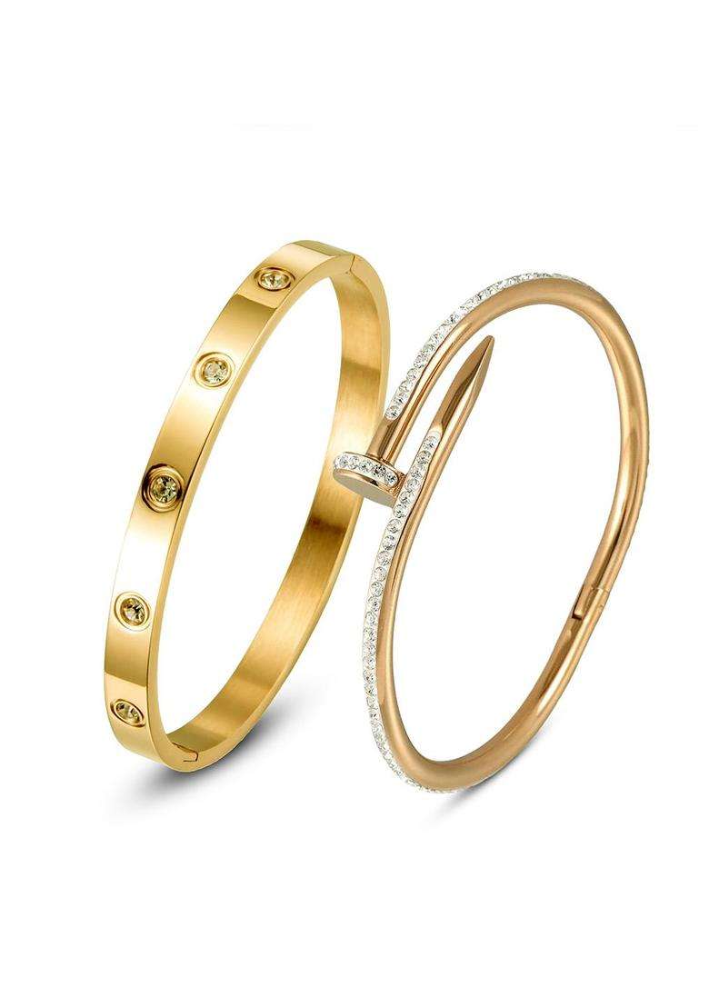 Rose Gold-Plated Set of 2 Gold-Plated AD Studded Kada Bracelet for Women | Stylish Party & Everyday Wear | Gift for Her - Indya