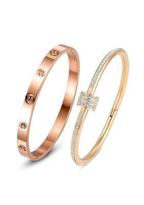 Rose Gold-Plated Stainless Steel Set of 2 AD Studded Anti Tarnish Bangle-Style Bracelet for Women | Stylish Party & Everyday Wear | Gift for Her