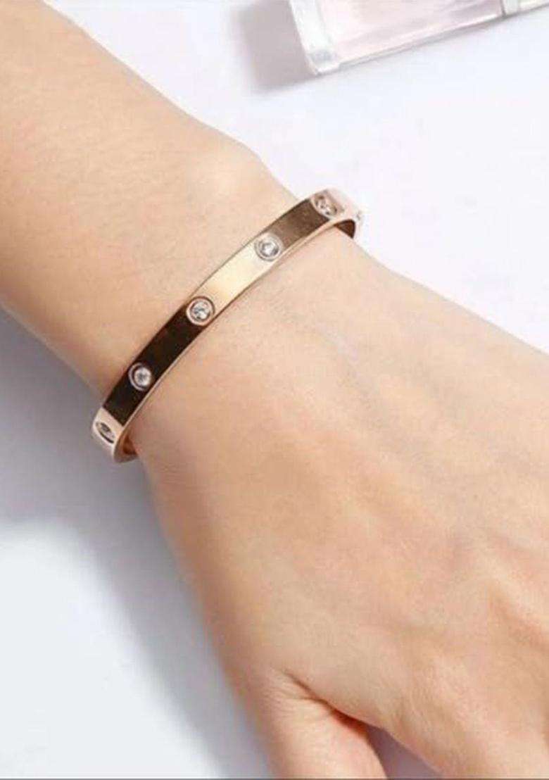 Rose Gold-Plated Stainless Steel Set of 2 AD Studded Anti Tarnish Bangle-Style Bracelet for Women | Stylish Party & Everyday Wear | Gift for Her - Indya