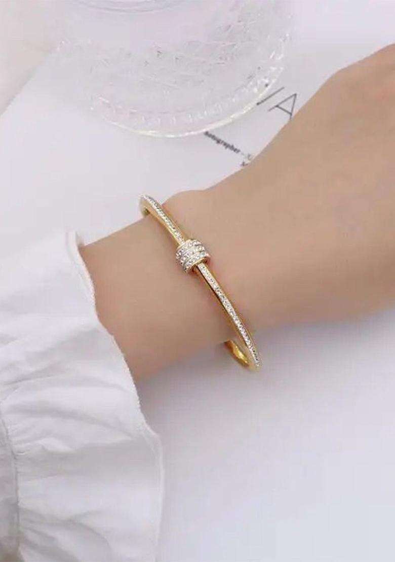 Rose Gold-Plated Stainless Steel Set of 2 AD Studded Anti Tarnish Bangle-Style Bracelet for Women | Stylish Party & Everyday Wear | Gift for Her - Indya
