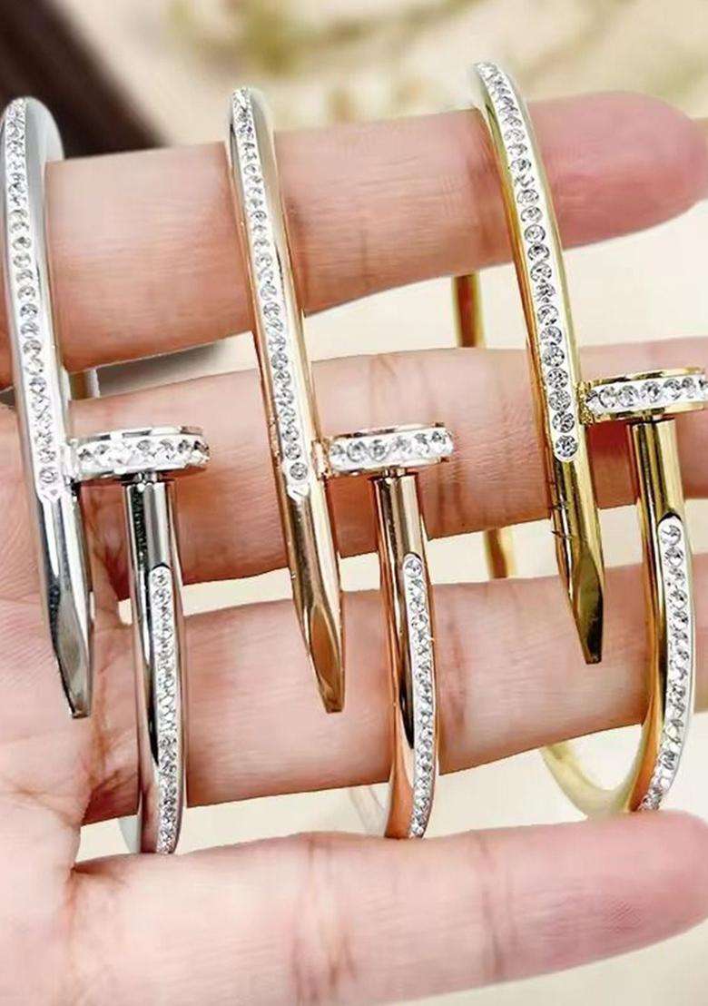 Set of 3 Rose Gold-Plated AD Studded Anti Tarnish Bangle-Style Bracelets for Women | Stylish Party & Everyday Wear | Gift for Her - Indya