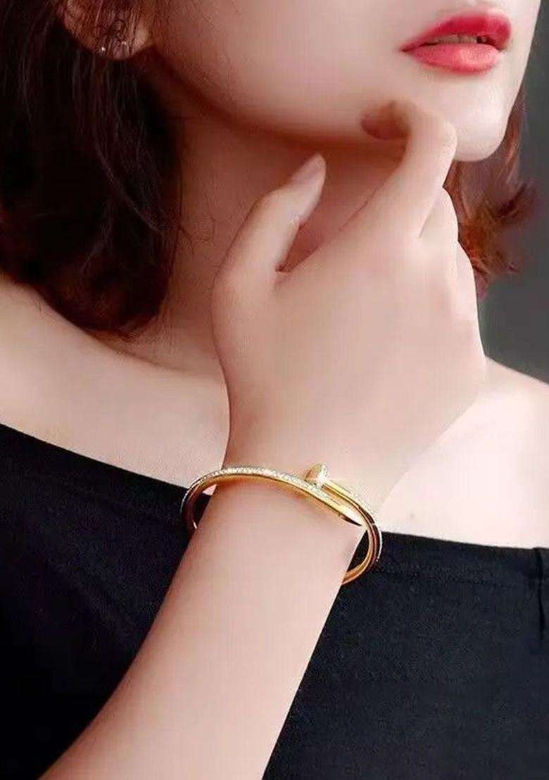 Set of 2 Rose Gold-Plated American Diamond Studded Bangle-Style Bracelet for Women | Stylish Party & Everyday Wear | Gift for Her - Indya