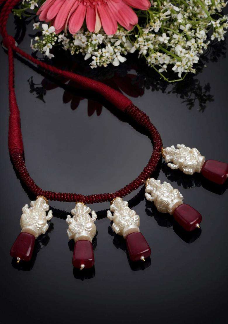 Gold-Plated Maroon & White Copper Pearls Beaded Temple Necklace for Women | Traditional Temple Jewellery for Wedding & Festive Wear | Gift for Her - Indya