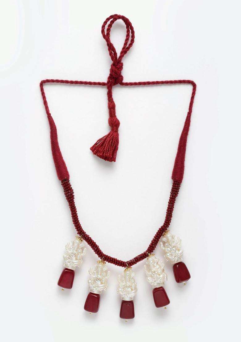 Gold-Plated Maroon & White Copper Pearls Beaded Temple Necklace for Women | Traditional Temple Jewellery for Wedding & Festive Wear | Gift for Her - Indya