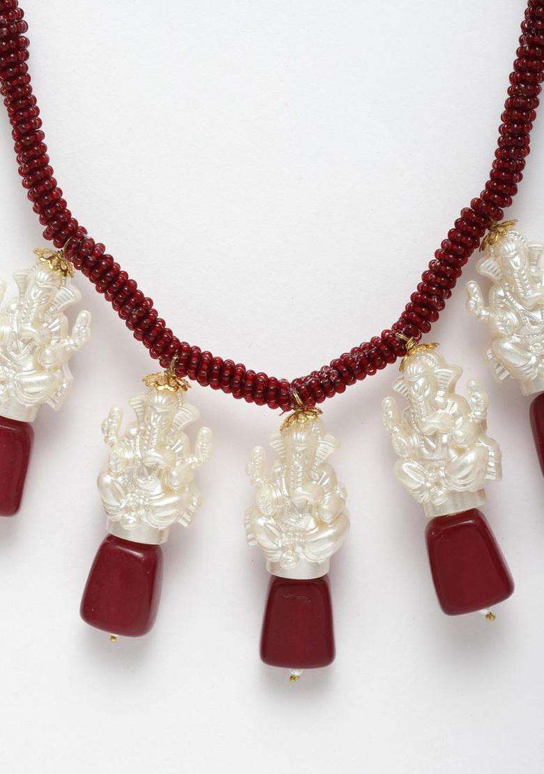 Gold-Plated Maroon & White Copper Pearls Beaded Temple Necklace for Women | Traditional Temple Jewellery for Wedding & Festive Wear | Gift for Her - Indya
