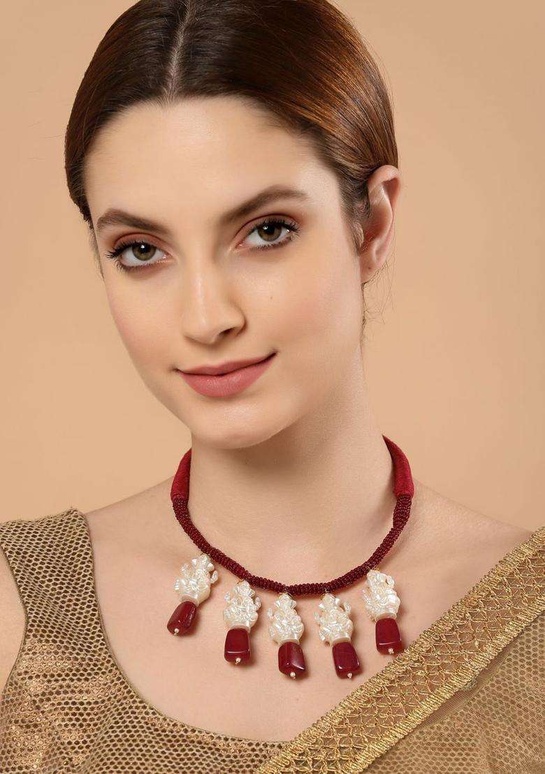 Gold-Plated Maroon & White Copper Pearls Beaded Temple Necklace for Women | Traditional Temple Jewellery for Wedding & Festive Wear | Gift for Her - Indya