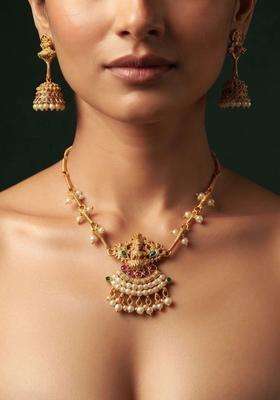 Gold-Plated Temple Necklace and Earrings with Pearl for Women | Traditional Temple Jewellery for Wedding & Festive Wear | Gift for Her