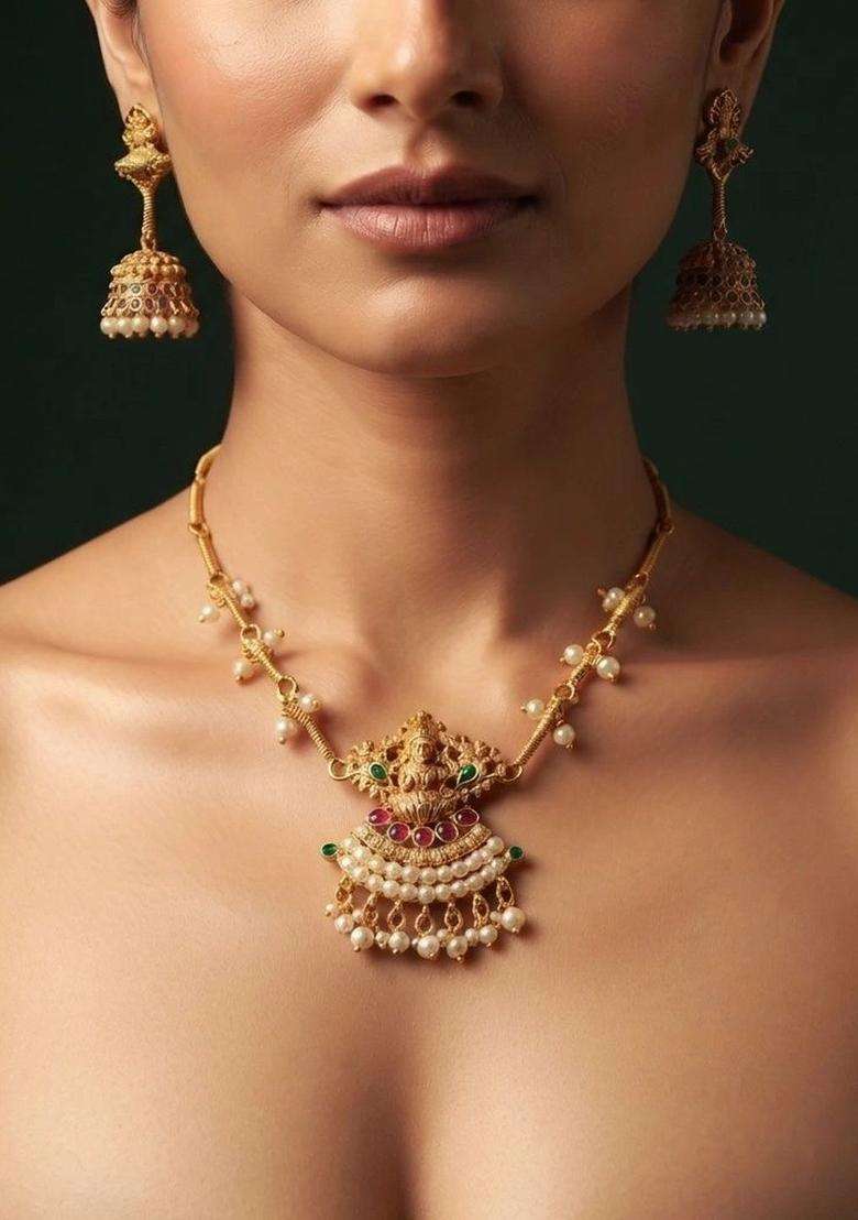 Gold-Plated Temple Necklace and Earrings with Pearl for Women | Traditional Temple Jewellery for Wedding & Festive Wear | Gift for Her - Indya
