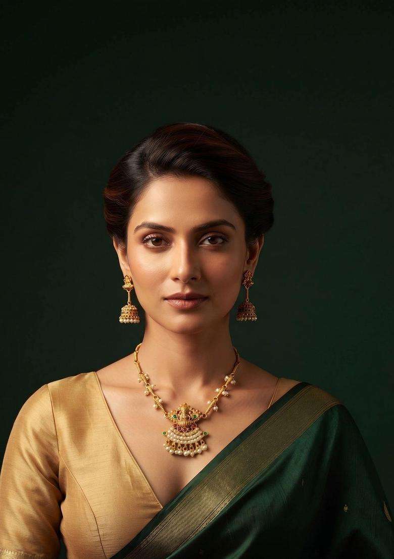 Gold-Plated Temple Necklace and Earrings with Pearl for Women | Traditional Temple Jewellery for Wedding & Festive Wear | Gift for Her - Indya