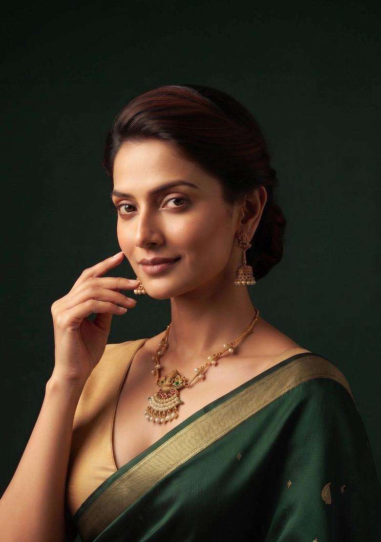 Gold-Plated Temple Necklace and Earrings with Pearl for Women | Traditional Temple Jewellery for Wedding & Festive Wear | Gift for Her - Indya