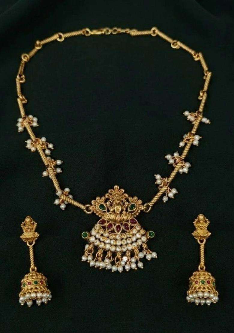 Gold-Plated Temple Necklace and Earrings with Pearl for Women | Traditional Temple Jewellery for Wedding & Festive Wear | Gift for Her - Indya