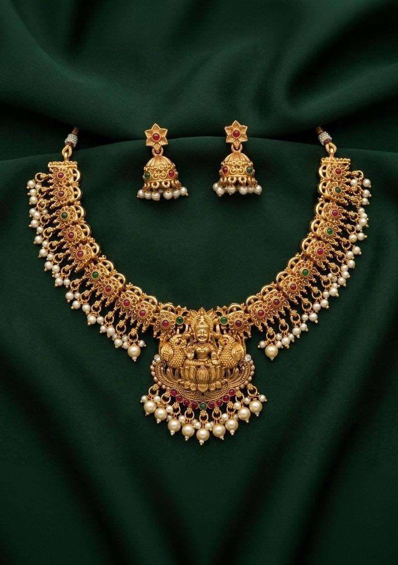 Gold-Plated Temple Stone Studded & Beaded Necklace and Earrings for Women | Traditional Temple Jewellery for Wedding & Festive Wear | Gift for Her - Indya