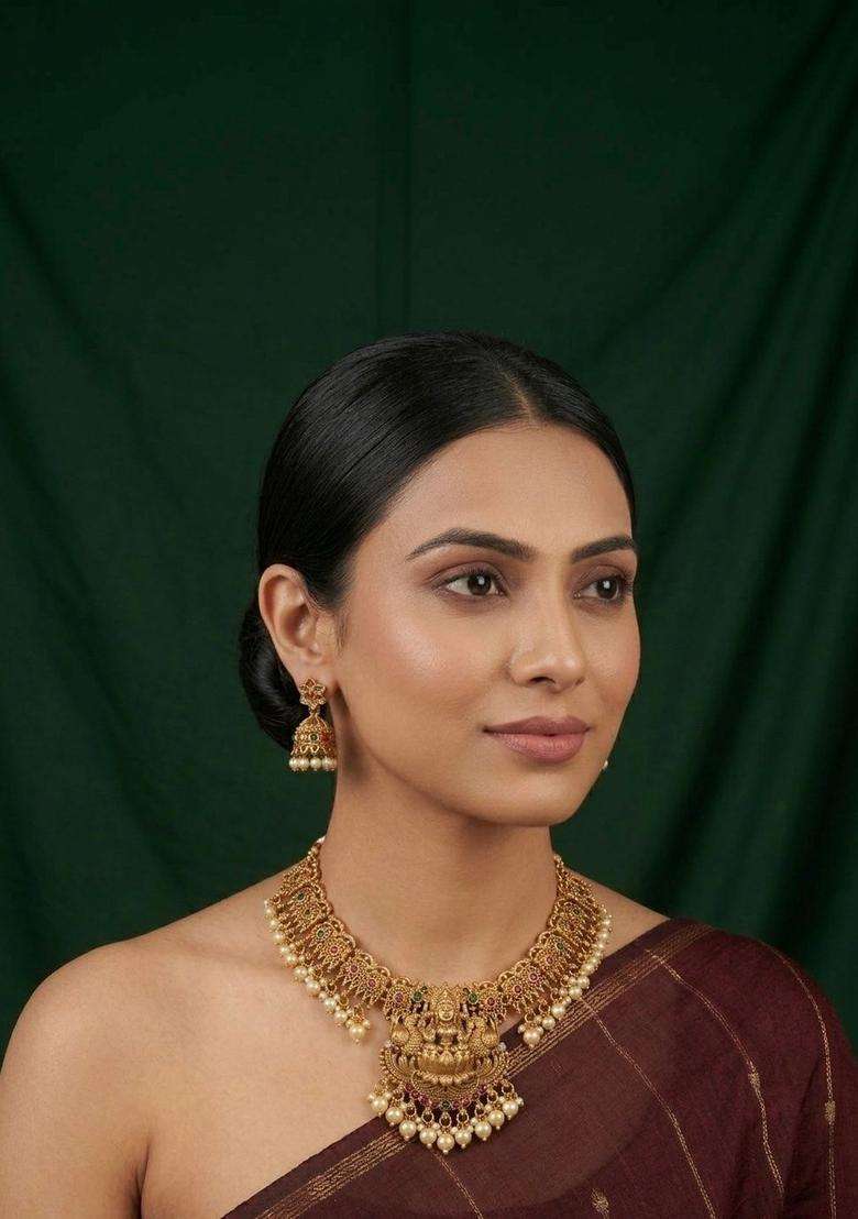 Gold-Plated Temple Stone Studded & Beaded Necklace and Earrings for Women | Traditional Temple Jewellery for Wedding & Festive Wear | Gift for Her - Indya